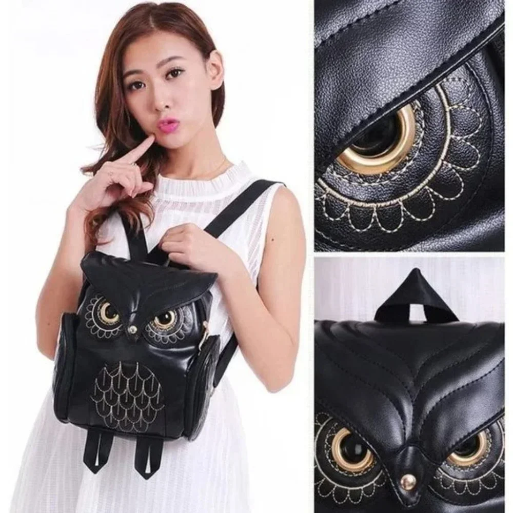 CUTE Black Owl Vegan Leather Backpack Punk Purse Shoulder Bag Daypack New NWT